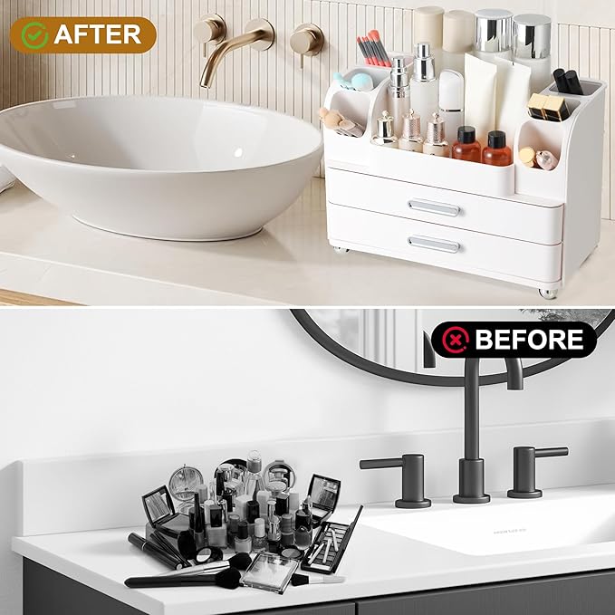 Large Makeup Organizer Countertop with Drawers, Make Up Organizer for Vanity, Makeup Storage Organizer Countertop Makeup Organizers for Skincare, All White