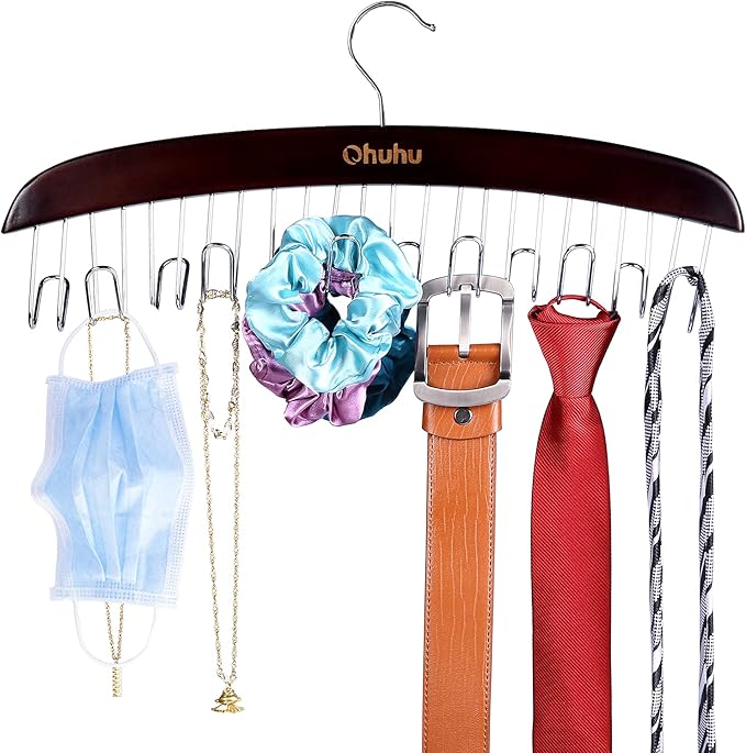 Belt Hanger Organizer for Closet: Ohuhu 12 Hooks Max 36 Belts Tie Rack Wooden Belt Holder for Storage 360 Degree Rotating Space Saver Organizer for Men Women Belt Tie Scarf Accessories-Walnut