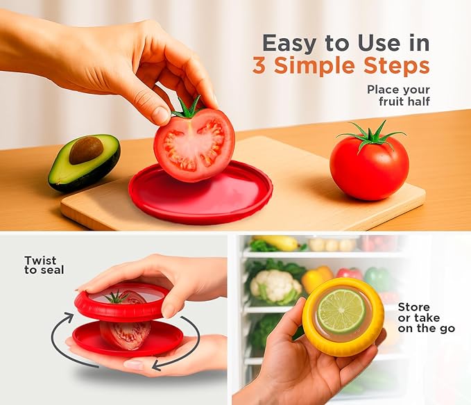 Avocado Saver & Onion Storage – Set of 4 BPA-Free Food Containers with Silicone Lids – Reusable Fruit and Veggie Savers, Fresh Pods for Food – Perfect for Tomato Holder, Garlic, Lemon & More