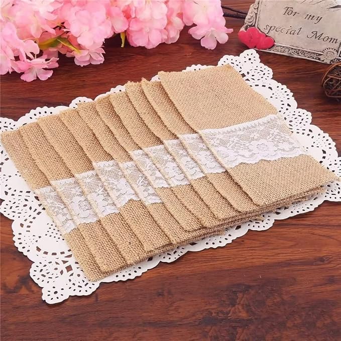 Burlap Silverware Holders with White Lace - 10 Pack of 4 x 8" with Ribbon Bow - Wedding Reception Silverware Holder - Baby Shower Silverware Pocket Pouch – Dining Table Utensil Holders
