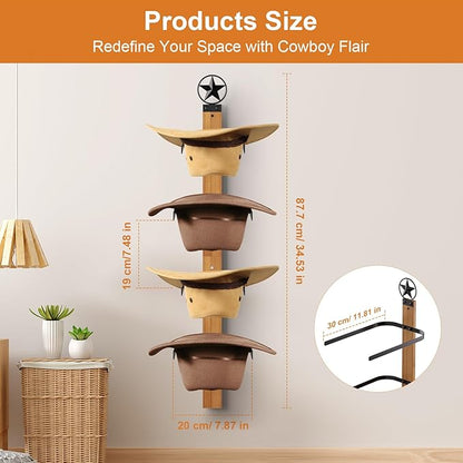 Cowboy Hat Rack, 4-Piece Western Hat Rack For Wall with Natural Wooden Board, Gift Cowboy Hat Holder for Wall Décor Keeps Original Shape of Hat