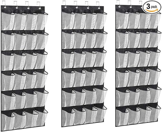 Hanging Closet Organizer, Hanging Shoe Rack, Over Door Shoe Organizer, Pantry Organizers and Storage 24 Pockets 3 Pack With Hooks (Black+White)
