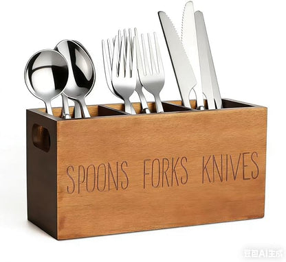 Silverware Holder, Acacia Wooden Small Utensil Caddy for Party , Silverware Organizer for Table Countertop, Wood Fork Spoon Knife Holder (Brown)