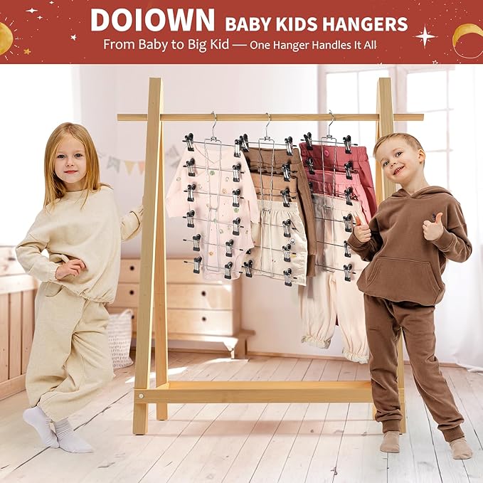 DOIOWN 6-Tier Baby Hangers with Clips - Space Saving Kids Pants Hangers for Babies & Kids Pant,Skirt,Clothe,Adjustable Stainless Steel Toddler Clothes Hanger for Newborn Children Closet Organization