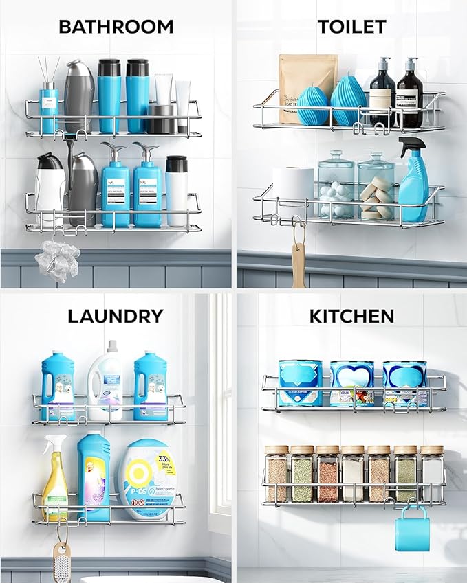 Nieifi Shower Caddy Shelf with Hooks Storage Rack Organizer Adhesive Stainless Steel without Drilling for Bathroom, Lavatory, Washroom, Restroom, Shower, Toilet, Kitchen (Sliver, 3 Pack)
