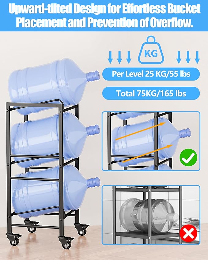 5 Gallon Water Jug Holder, Movable 3 Tier Heavy Duty Water Rack with 4 Wheels, Rack for Water Jug Storage, Space Saving Water Stand for Three 5 Gallon Water Jugs, Black