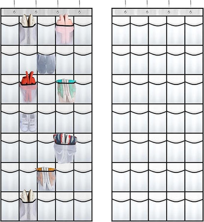 28 Large Pockets Over The Door Shoe Organizer, Hanging Shoe Organizer for Closet, Premium Clear Shoe Rack for Door, Shoes Hanger Organizers Storage Holder for Back of Door and 4 Metal Hook White