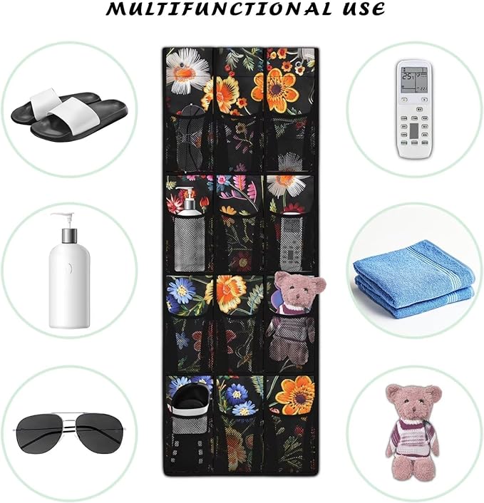 Floral Over The Door Organizer, Pantry Organizers and Storage with 12 Mesh Pockets, Heavy Duty Large Capacity Stuffed Animal Storage