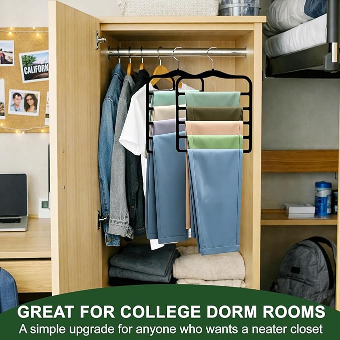 Closet Organizers and Storage, 3 Pack Pants-Hangers-Space-Saving, Velvet Non Silp 5 Tier Scarf Jeans Closet Organizer,Dorm Room Essentials for College Students Girls Boys Guys,Organization and Storage