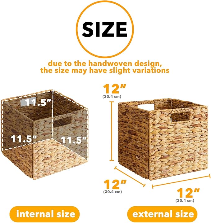 SpaceAid 4 Pack Wicker Basket, Storage Baskets for Organizing, Woven Rattan Basket with Handles for Shelves, Water Hyacinth Large Cube Organizer Storage Bin, 12x12x12 inch, Natural