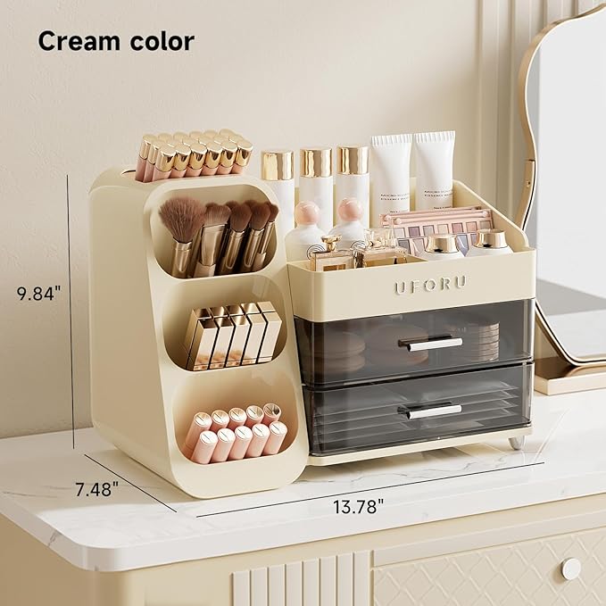 Makeup Organizer for Vanity with Brush Holder, Large Capacity Bathroom Countertop Skincare Organizer with 2 Drawers, Cosmetic Display Case for Perfumes, Eyeshadow Palettes, Nail Polishes