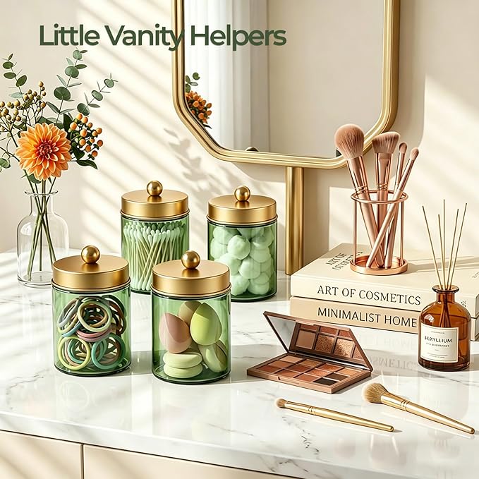 Amolliar 2Pc Glass Qtip Dispenser Holder Bathroom Vanity Storage Organizer Set -Countertop Canister with Metal Lids &Stickers Apothecary Jars for Cotton Swab, Floss Picks(Green-golden Lid)