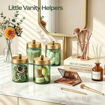 Amolliar 2Pc Glass Qtip Dispenser Holder Bathroom Vanity Storage Organizer Set -Countertop Canister with Metal Lids &Stickers Apothecary Jars for Cotton Swab, Floss Picks(Green-golden Lid)