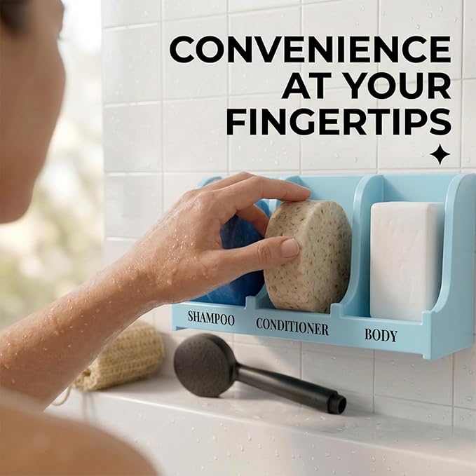 Soap Holder for Shower Wall, 3-Compartment Soap Dish for Shampoo, Conditioner and Body Soap, Fast Draining & Rust-Proof & Heavy Duty, Ultra-Strong Self Adhesive & Freestanding (Light Blue, Label)