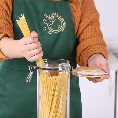 KKC HOME ACCENTS Glass Pasta Storage Container With Measuring Tool, Spaghetti Jar, Noodle Holder, Tall Container With Bamboo Lid, 68 Floz