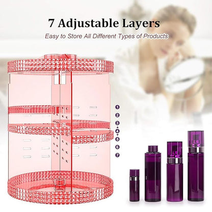 Awenia Makeup Organizer 360-Degree Rotating, Adjustable Makeup Storage, 7 Layers Large Capacity Cosmetic Storage Unit, Fits Different Types of Cosmetics and Accessories, Plus Size(Pink)