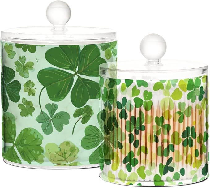 2 Pack Qtip Dispenser Apothecary Jars with Lids Cotton Round Holder Bathroom Canisters for Cotton Swab Floss Ball Pads Clear Plastic Decorative Green St Patrick Clovers