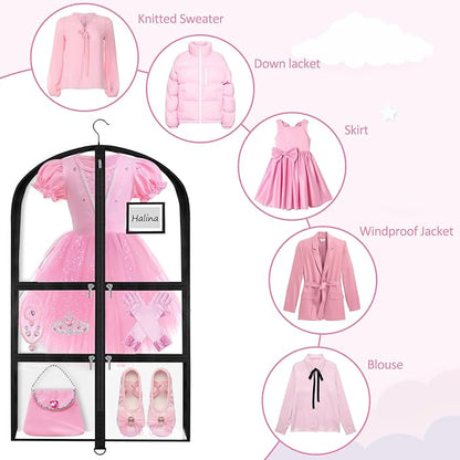 Garment Bags for Dance Costumes - 40 Inch Clear PVC with 5 Zipper Pockets (3 Pack) - Kids Dance Garment Bag for Dancers, Hanging Clothes Storage, Competitions & Travel (‎Clear Black)