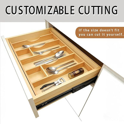 Silverware Drawer Organizer - Trim-to-Fit with Adjustable Dividers for Kitchen Utensil Storage, Beech Wood Frame with 11 Sizes (20.63" W x 22" D)