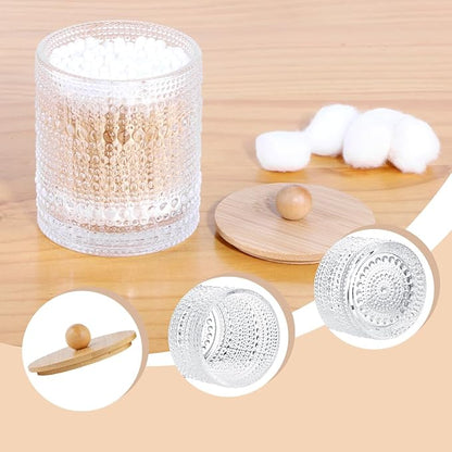 Bathroom Qtip Holder Set,Glass Apothecary Jars with Lids,Bamboo Cotton Ball Holder,Clear Cotton Swab Holder,Bathroom Vanity Storage Organizer Jars for Round,Bath Salts,Candy,Jewelry (Nail)