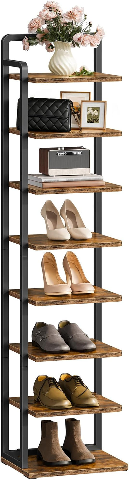 CHOEZON 8-Tier Vertical Shoe Rack, Narrow Shoe Tower, Corner Shoe Storage Organizer, Shoe Shelf, for Small Spaces, Industrial Style, for Entryway, Hallway, Living Room, Rustic Brown and Black TXJ08BF