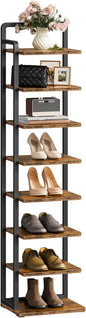 CHOEZON 8-Tier Vertical Shoe Rack, Narrow Shoe Tower, Corner Shoe Storage Organizer, Shoe Shelf, for Small Spaces, Industrial Style, for Entryway, Hallway, Living Room, Rustic Brown and Black TXJ08BF
