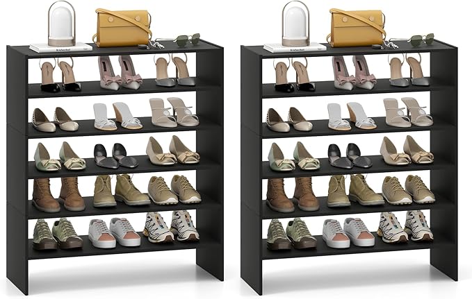 Giantex 3-in-1 Vertical Shoe Rack, 6-Tier Free Standing Shoe Storage Organizer w/Stackable Design for 18 Pairs, 31 Inch Wide Wood Shoe Shelf for Closet, Entryway, Living Room, Office (2, Black)