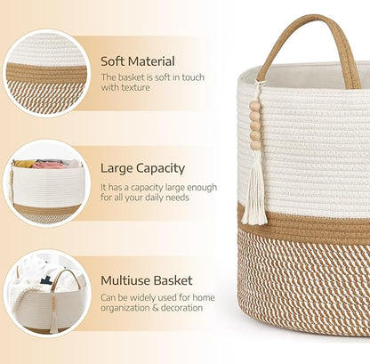 Mkono Woven Storage Basket Decorative Natural Rope Basket Wooden Bead Decoration for Blankets,Toys,Clothes,Shoes,Plant Organizer Bin with Handles Living Room Home Decor, 16"W×13.8"L, White and Brown