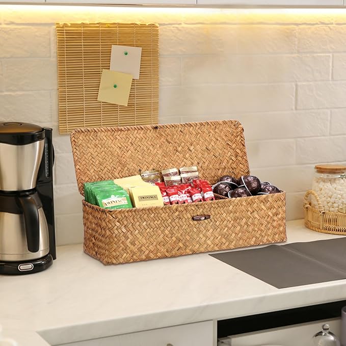 Hipiwe Handwoven Wicker Basket Box Rectangular Wardrobe Home Organizer with Lid 3 Sections Toilet Paper Holder Home Organizer for Tissue Snacks, Caramel