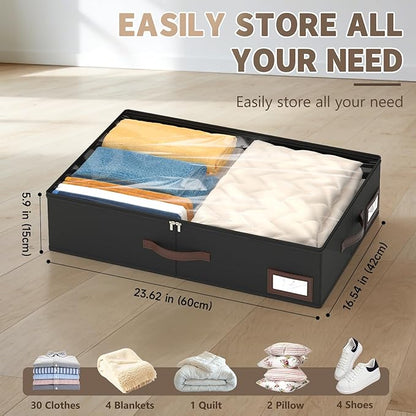 OIAHOMY 2 Pack Under Bed Storage with 4 Compression Bags, Underbed Organizers for Bedroom & Closet, Fits Beds Higher than 5.9", Space-Saving for Seasonal Clothes, Blankets & Shoes - Black