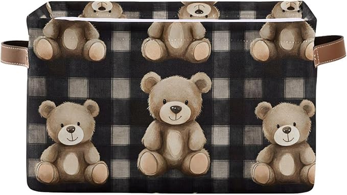 Large Storage Basket Bears Gingham Pattern Storage Bin Cube Canvas Fabric Organizer Handles Collapsible for Clothes Toys Bedroom Decorative