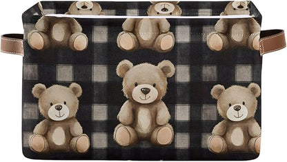 Large Storage Basket Bears Gingham Pattern Storage Bin Cube Canvas Fabric Organizer Handles Collapsible for Clothes Toys Bedroom Decorative