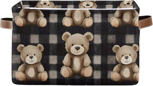 Large Storage Basket Bears Gingham Pattern Storage Bin Cube Canvas Fabric Organizer Handles Collapsible for Clothes Toys Bedroom Decorative