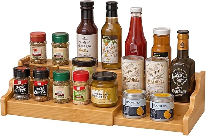 Expandable 3-Tier Bamboo Can Rack Organizer for Pantry, Adjustable Kitchen Cabinet Storage Shelf, Holds Up to 24 Cans, Natural Elegance