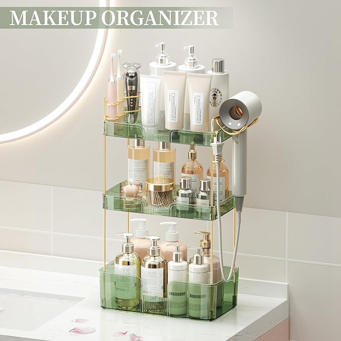 Makeup Organizer 3 Tier Bathroom Organizer Countertop Makeup Perfume Tray Skincare Organizer Comes with Hair Dryer Rack and Toothbrush Holder for Bathroom Dresser Vanity (Green)