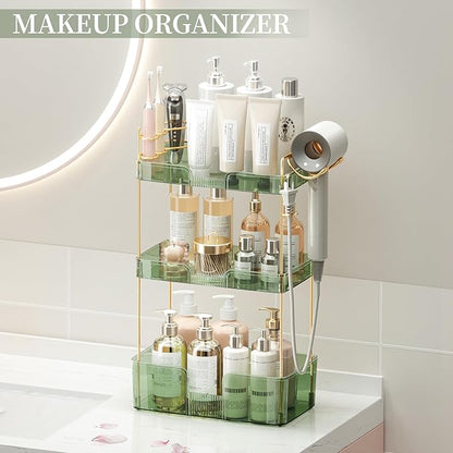 Makeup Organizer 3 Tier Bathroom Organizer Countertop Makeup Perfume Tray Skincare Organizer Comes with Hair Dryer Rack and Toothbrush Holder for Bathroom Dresser Vanity (Green)