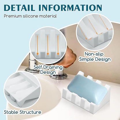 Self Draining Silicone Soap Dish for Shower & Kitchen - Non-Slip Waterfall Bar Soap Holder Tray, Soap Saver Keeps Soap Dry, Easy to Clean & Hygienic (White, 1 Pack)