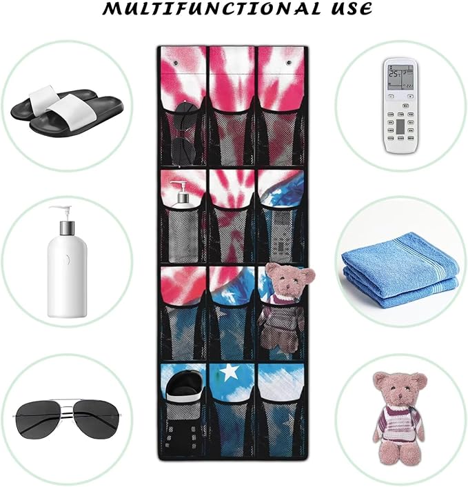 Tie-Dye Space Saving Hanging Shoe Organizer,Entryway Bedroom Bathroom Storage Bags with 12 Mesh Large Pockets,Stylish Print