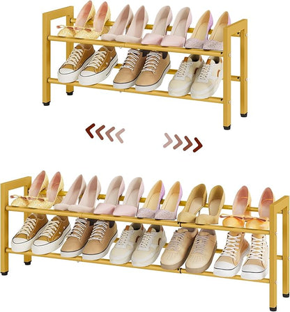 FAVOOSTY 2-Tier Expandable Shoe Rack, Adjustable Shoe Shelf Storage Organizer Space Saving Metal Free Standing Shoe Rack for Entryway Closet Doorway, Gold