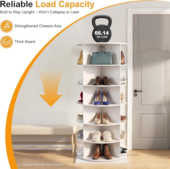 360° Rotating Shoe Rack Tower - Spinning Shoe Organizer for Entryway, Free Standing Lazy Susan Shoe Rack (6 Tiers 23.62 * 23.62 * 56.2in White)