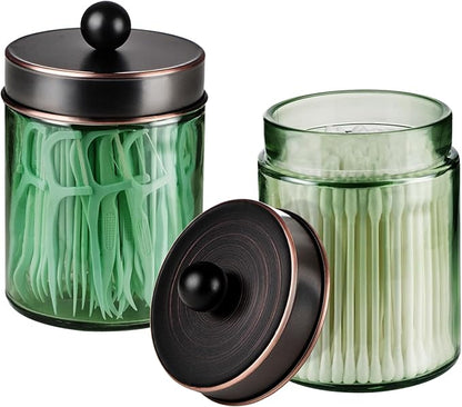 3 Pack Apothecary Jar Canisters Bathroom Vanity Organizer - Qtip Holder Storage Organizer Set Countertop Canister with Stainless Steel Lids &Cute Stickers for Qtips,Cotton Swabs,Makeup Sponges,Floss