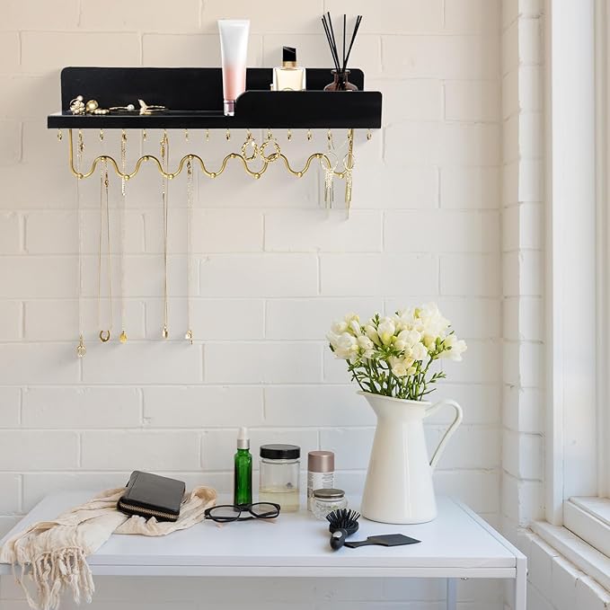 Hanging Jewelry Organizer with 29 Hooks and Cosmetics Shelf, Modern Wood Wall Mounted Jewelry Holder for Necklaces, Bracelets, Earrings and Rings, Black
