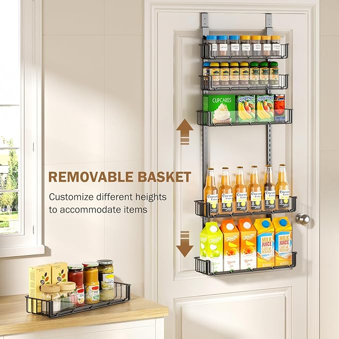 Delamu Adjustable Over the Door Pantry Organizer with Clear Acrylic Panel, 6-Tier Pantry Organization and Storage for Kitchen, Hanging Spice Rack Seasoning Shelves for Cabinet, Easy Install, Black