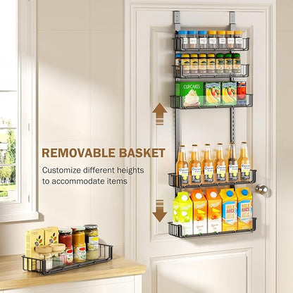 Delamu Adjustable Over the Door Pantry Organizer with Clear Acrylic Panel, 6-Tier Pantry Organization and Storage for Kitchen, Hanging Spice Rack Seasoning Shelves for Cabinet, Easy Install, Black