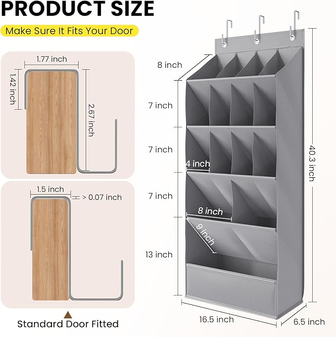 18 Pairs Over the Door Shoe Organizer, Shoe Rack for Closet Door with Large Breathable Pockets, Hanging Shoes Rack for Boots, Behind the Door Organizer Shoe Holder for Categorized Storage, Grey ﻿
