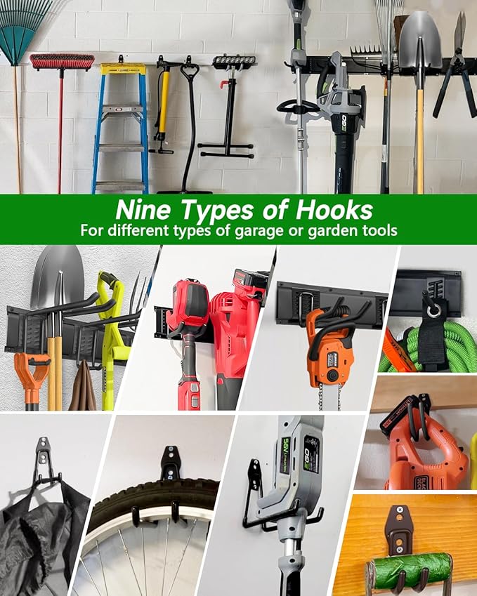 PIYILO Garden Tool Organizer 48 in with 18 Garage Hooks, Heavy Duty Garage Wall Hooks for Hanging Ladder, Bike, Tool Storage Rack for Yard Tools, Shovel, Shed (23 Pack)