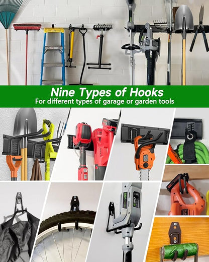 PIYILO Garden Tool Organizer 48 in with 18 Garage Hooks, Heavy Duty Garage Wall Hooks for Hanging Ladder, Bike, Tool Storage Rack for Yard Tools, Shovel, Shed (23 Pack)