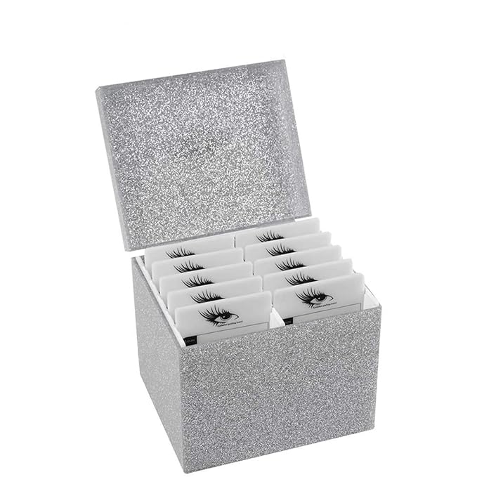 10 Layers Acrylic Eyelash Storage Box,Eyelash Holder Extension Tool,Makeup Organizer False Eyelashes Glue Pallet Holder, Grafting Eye lashes Close-Packed Display with 10 Pallets (Silver)
