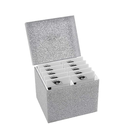 10 Layers Acrylic Eyelash Storage Box,Eyelash Holder Extension Tool,Makeup Organizer False Eyelashes Glue Pallet Holder, Grafting Eye lashes Close-Packed Display with 10 Pallets (Silver)