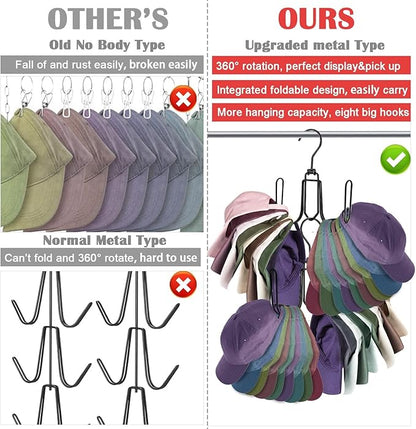 2 Pack Hat Hanger for Closet, Collapsible Metal Hat Organizer for Baseball Caps, Racks with 4 Big Hooks, 360° Rotation Space Saving Hangers, Better Organizer&Display for Tie, Scarves, Black